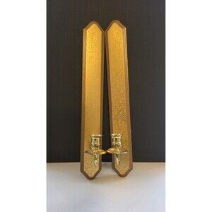 Vintage Gothic Brass and Wood Wall Candle Sconces Set of 2